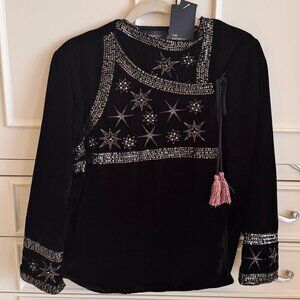 Zara Sequined Velvet Top with Tasseled Ties NWT